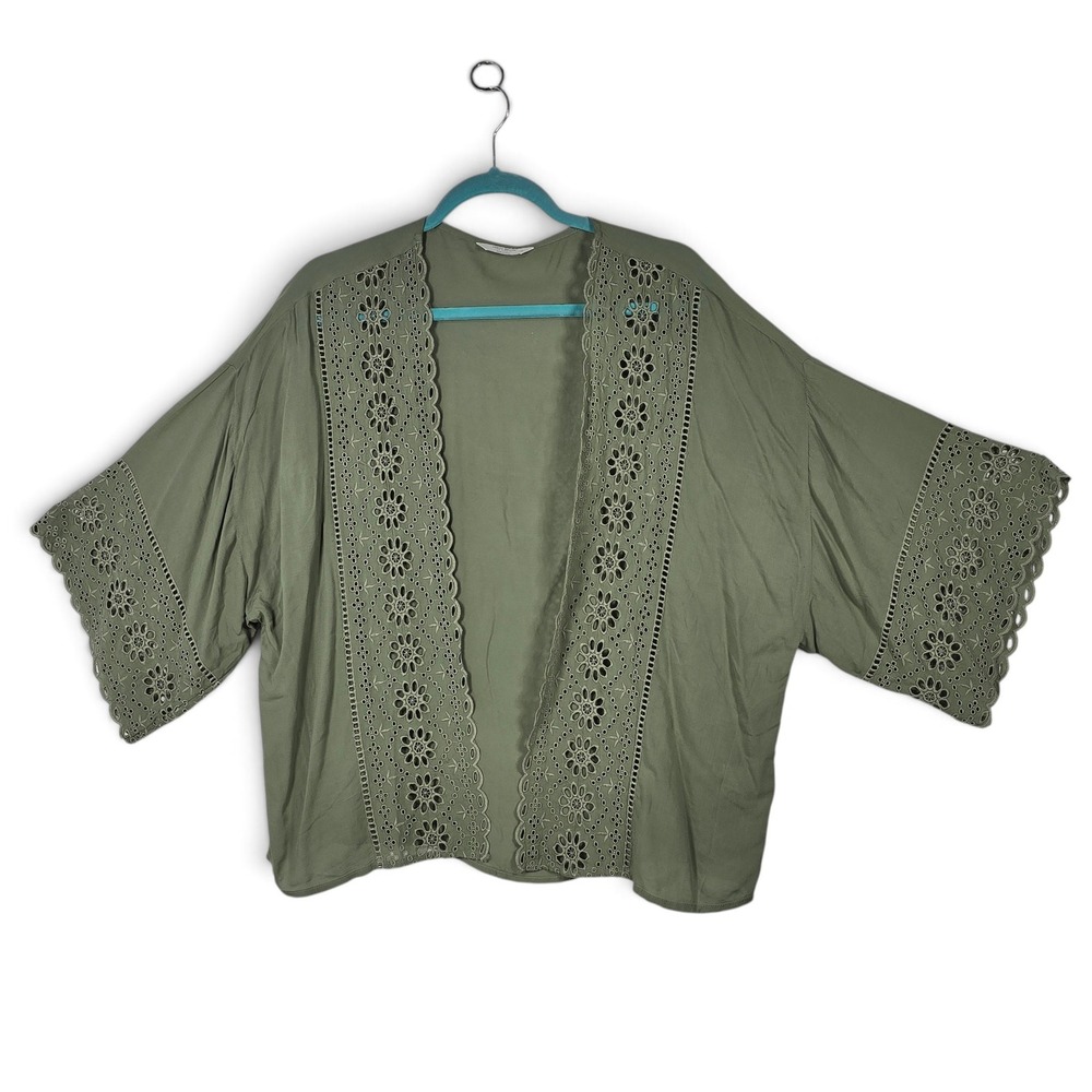 Lucky Brand Kimono Women OS Eyelet Embroidered Olive Green Viscose EUC Boho Wrap